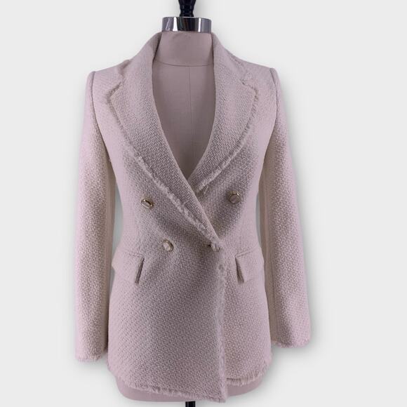 NWT Mango Ivory Double-Breasted Tweed Blazer Pearl Gold Buttons XS - Picture 1 of 16